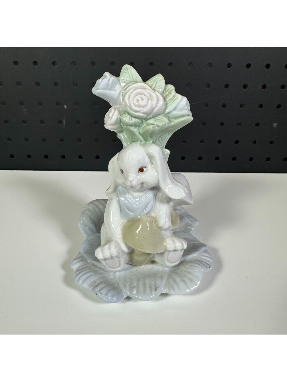 Porcelain Rabbit Figurine Bunny with Mushroom and Rose Bouquet Leaf Base